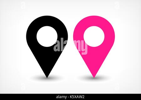 Map pin sign location icon with ellipse gray gradient shadow in flat simple style. Black and pink color rounded shapes isolated on white background. V Stock Vector