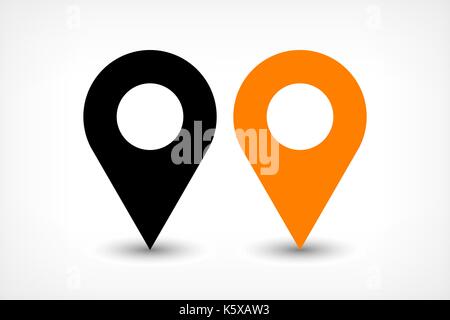 Map pin sign location icon with ellipse gray gradient shadow in flat simple style. Black and orange color rounded shapes isolated on white background. Stock Vector
