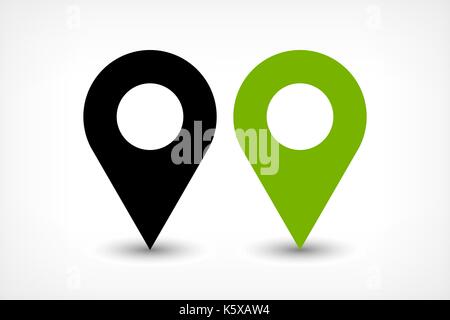 Map pin sign location icon with ellipse gray gradient shadow in flat simple style. Black and green color rounded shapes isolated on white background.  Stock Vector