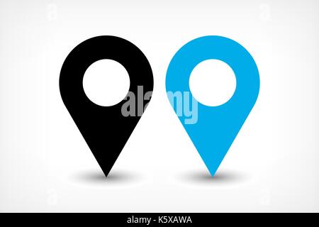 Map pin sign location icon with ellipse gray gradient shadow in flat simple style. Black and blue color rounded shapes isolated on white background. V Stock Vector