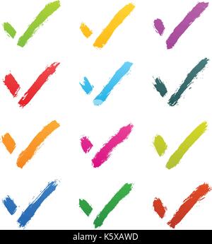 Brushstroke check mark sign isolated on white background. Green, yellow, violet, purple, red, magenta, blue, pink, orange, brown colors. Stock Vector