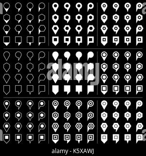 100 and 44 map pins sign location icon with gray shadow in flat style. Set 04 Simple white shapes on black background. This vector illustration web de Stock Vector