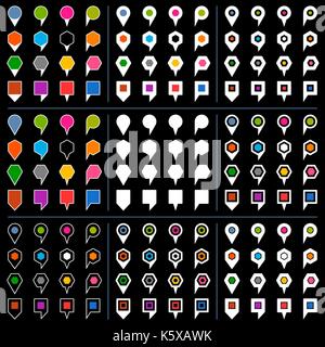 100 and 44 map pins sign location icon with gray shadow in flat style. Set 08 Simple white shapes with yellow, orange, red, green, blue, violet, purpl Stock Vector