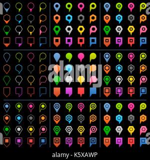 144 map pins sign location icon with gray shadow in flat style. Set 06 Simple yellow, orange, red, green, blue, violet, purple colored shapes on black Stock Vector