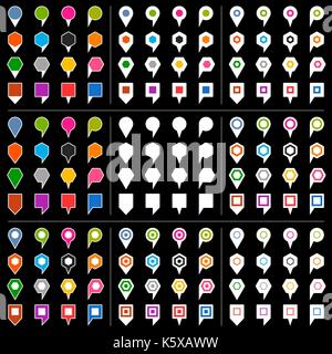 100 and 44 map pins sign location icon with gray shadow in flat style. Set 05 Simple white shapes with colored accent on black background. This vector Stock Vector