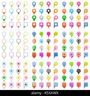 100 and 44 map pins sign location icon with shadow in flat style. Set 02 Blue, green, pink, orange, gray, black, yellow, brown, violet colored shapes  Stock Vector