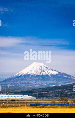 Mt. Fuji and train in Japan. Stock Photo