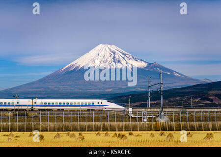 Mt. Fuji and train in Japan. Stock Photo