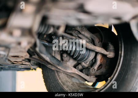 Car wheel bottom view. Garage mechanic raised the car on the lift Stock ...