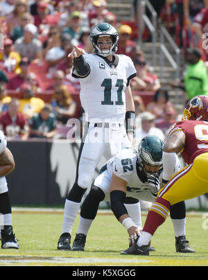 Philadelphia Eagles quarterback Carson Wentz (11) calls signals in the first quarter against the Washington Redskins at FedEx Field in Landover, Maryland on Sunday, September 10, 2017. Credit: Ron Sachs/CNP /MediaPunch Stock Photo