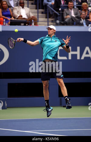 New York, United States. 10th Sep, 2017. US Open Tennis: New York, 10 September, 2017 - Kevin Anderson of South Africa fires a forehand to Rafael Nadal of Spain during the US Open Men's singles final in Flushing Meadows, New York. Nadal won the match in three sets to win the title Credit: Adam Stoltman/Alamy Live News Stock Photo