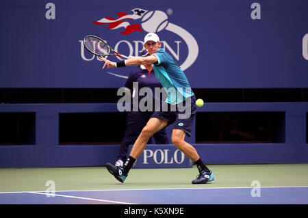 New York, United States. 10th Sep, 2017. US Open Tennis: New York, 10 September, 2017 - Kevin Anderson of South Africa sets up a forehand to Rafael Nadal of Spain during the US Open Men's singles final in Flushing Meadows, New York. Nadal won the match in three sets to win the title Credit: Adam Stoltman/Alamy Live News Stock Photo