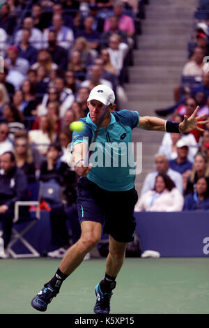 New York, United States. 10th Sep, 2017. US Open Tennis: New York, 10 September, 2017 - Kevin Anderson of South Africa reaches for a backhand return to Rafael Nadal of Spain during the US Open Men's singles final in Flushing Meadows, New York. Nadal won the match in three sets to win the title Credit: Adam Stoltman/Alamy Live News Stock Photo