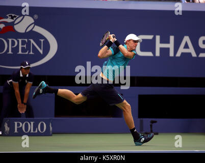 New York, United States. 10th Sep, 2017. US Open Tennis: New York, 10 September, 2017 - Kevin Anderson of South Africa follows through on a backhand return to Rafael Nadal of Spain during the US Open Men's singles final in Flushing Meadows, New York. Nadal won the match in three sets to win the title Credit: Adam Stoltman/Alamy Live News Stock Photo