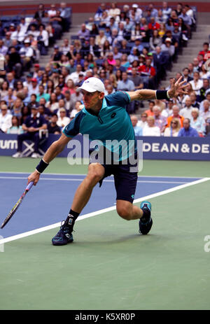 New York, United States. 10th Sep, 2017. US Open Tennis: New York, 10 September, 2017 - Kevin Anderson of South Africa reaches for a backhand return to Rafael Nadal of Spain during the US Open Men's singles final in Flushing Meadows, New York. Nadal won the match in three sets to win the title Credit: Adam Stoltman/Alamy Live News Stock Photo