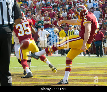 Landrover, Maryland, USA. 10th Sep, 2017. Washington Redskins punter Tress Way (5) punts from his own end zone in the fourth quarter against the Philadelphia Eagles at FedEx Field in Landover, Maryland on Sunday, September 10, 2017. The Eagles won the game 30 - 17. Credit: Ron Sachs/CNP - NO WIRE SERVICE - Photo: Ron Sachs/Consolidated News Photos/Ron Sachs - CNP Credit: dpa picture alliance/Alamy Live News Stock Photo