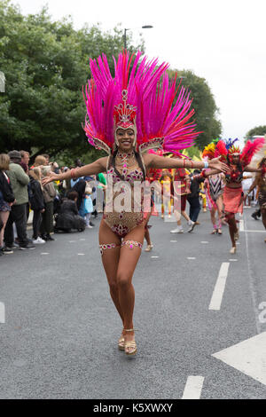 London, UK. 10th Sep, 2017. Dancers and performers take part in the Hackney One Carnival parade in Hackney, east London. Credit: Vickie Flores/Alamy Live News Stock Photo