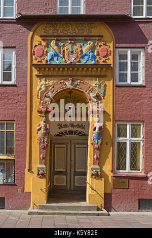 entrance of Alte Rathsapotheke, old town, Lueneburg, Lower Saxony, Germany Stock Photo