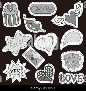 Sketch comics Set of stickers with hearts, speech bubbles, text cool, love, lightning, lips, rings sunglasses Stock Vector