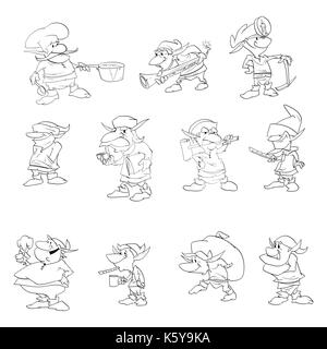 Vector dwarfs, gnomes or Christmas elfs outline drawing illustrations Stock Vector