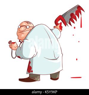 Colorful vector illustration of a cartoon crazy doctor, holding a bloody saw and blood stains on his clothes and hands Stock Vector