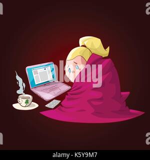 Colorful vector illustration of a cartoon sick girl, covered with blanket, having hot tea or medicine, chilling infront of a laptop, checking the soci Stock Vector