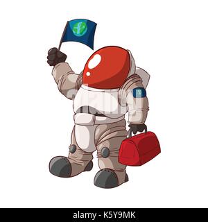 Colorful vector illustration of a cartoon expedition member, astronaut or a cosmonaut in suit on mars or in space. Stock Vector