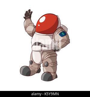 Colorful vector illustration of a cartoon expedition member, astronaut or a cosmonaut in suit on mars or in space. Stock Vector