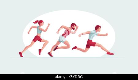 Vector illustration of running people. Two man and a woman are jogging. Easy editable global colors.