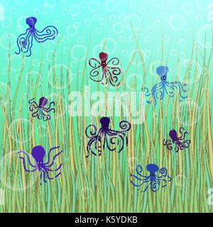 abstract vector underwater background with octopuses and bubbles Stock Vector
