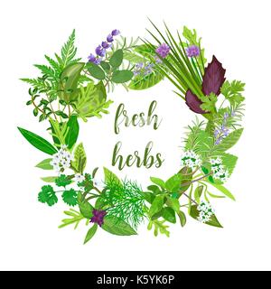 Wreath made of Realistic herbs and flowers with text. Herbs and Spices Stock Vector