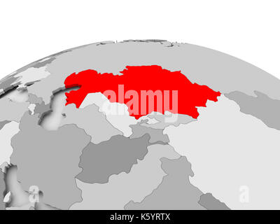 Kazakhstan in red on grey model of political globe. 3D illustration. Stock Photo