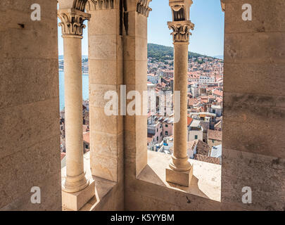 View from the inside of a high ancient tower in the city of Split. Stock Photo