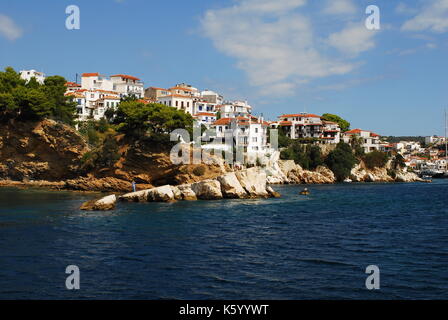 Skiathos town on Skiathos Island, Greece. Beautiful view of the old town with boats in the harbor. Stock Photo