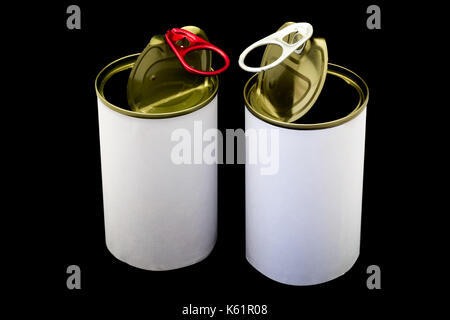 Empty opened tin can on black background. Stock Photo