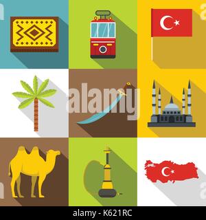 State of Turkey icon set, flat style Stock Vector