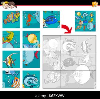 Cartoon Illustration of Educational Jigsaw Puzzle Activity Game for Children with Fish and Sea Life Animal Characters Stock Vector