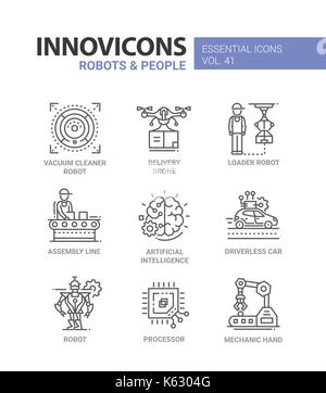 Robots and People - modern vector line design icons set. Vacuum cleaner robot, delivery drone, loader, assembly line, artificial intelligence, driverl Stock Vector