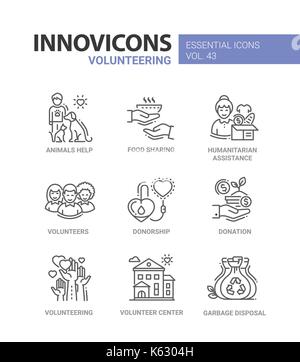Volunteering - modern vector line design icons set. Animal help, aid, food sharing, humanitarian assistance, donorship, donation, center, garbage disp Stock Vector