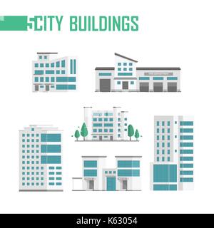 Five city buildings set of icons - vector illustration isolated on white background. Fire department, police station, trees, four skyscrapers. Grey ro Stock Vector