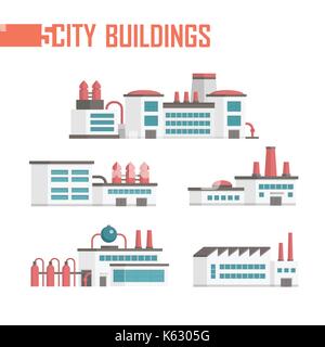 Five city industrial buildings set of icons - vector illustration isolated on white background. Plants, factories, water towers, facilities. Grey, red Stock Vector