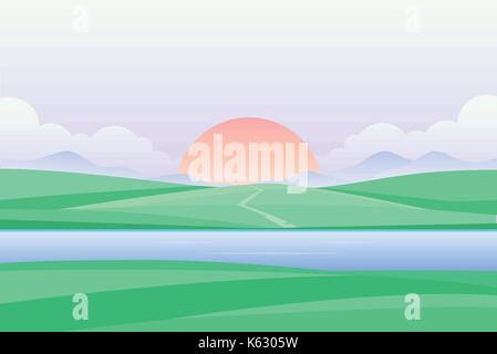 Sunset or dawn by the river - modern vector illustration - modern vector illustration. Beautiful view with big sun, clouds, green grass, field, meadow Stock Vector
