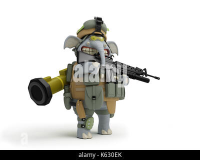 Cute Elephant Infantryman at the Post 3D Illustration. Cartoon Character in Game Style . Stock Photo