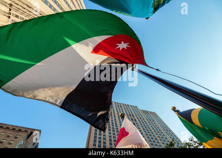 Flag of Jordan fly at the Rockefeller Center in New York City, New York. Stock Photo