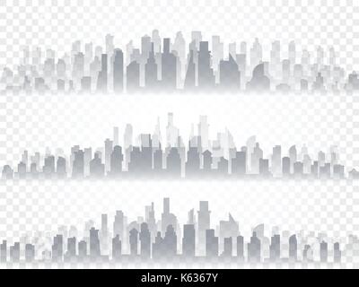 Vector isolated silhouette set of big city town, skyscrapers building, business centers. Twilight, blue sunset, panorama of the city on the horizon, urban design vector illustration. Stock Vector