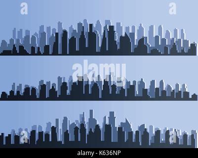 Vector isolated silhouette of big city town, skyscrapers building, business centers. Twilight, blue sunset, panorama of the city on the horizon, urban design vector illustration. Stock Vector