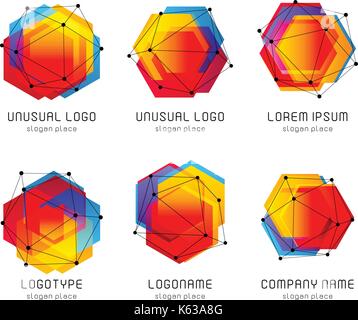 Futuristic abstract colorful vector logo and poster template. Innovative technologies digital design effect logos set on black background. Stock Vector