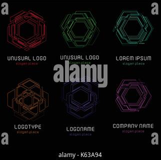 Outline contour abstract technology vector logos set, unusual isolated monoline logotypes collection, cosmic tech design template element of logo on dark black background, cosmos space. Stock Vector