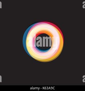 Isolated funnel abstract logo, linear unusual shape, circular line logotype. Luminous hoops, rings, wheel graphic illustration on the black background. Stock Vector