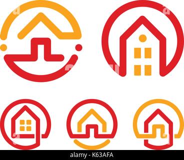 House abstract logos set. Red and yellow unusual linear real estate agency icons collection. Realtor logo. Home icon. Stock Vector